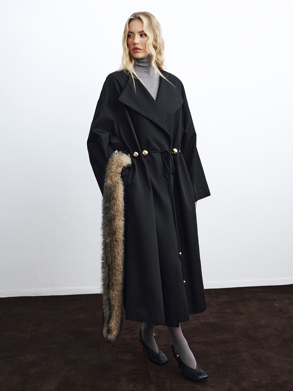 Metal Detail Tie-Belt Oversized Long Trench Coat-Chicvia