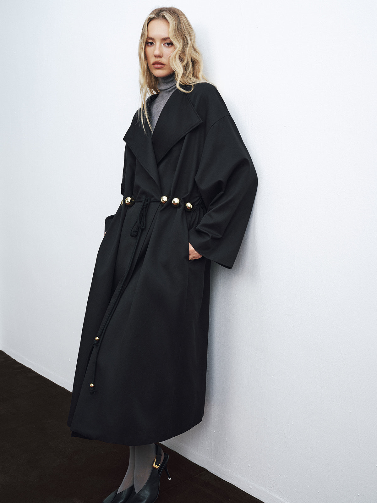 Metal Detail Tie-Belt Oversized Long Trench Coat-Chicvia
