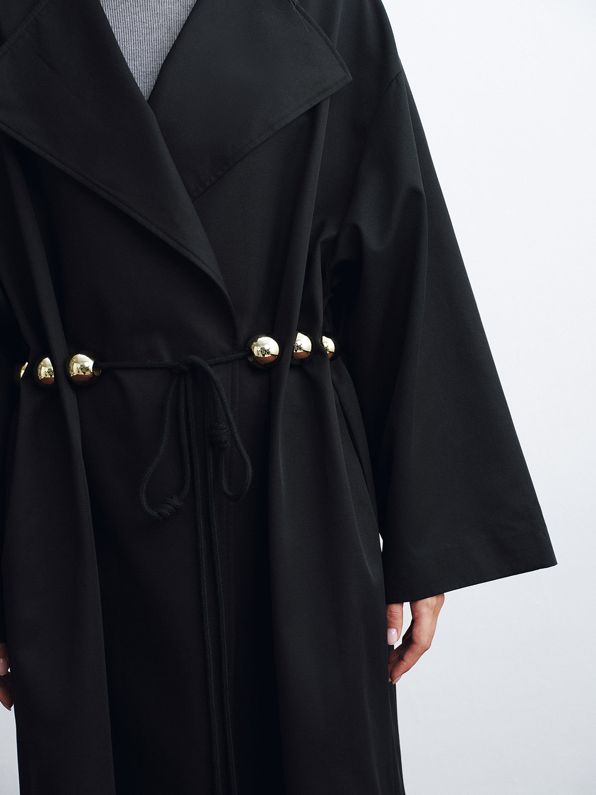 Metal Detail Tie-Belt Oversized Long Trench Coat-Chicvia