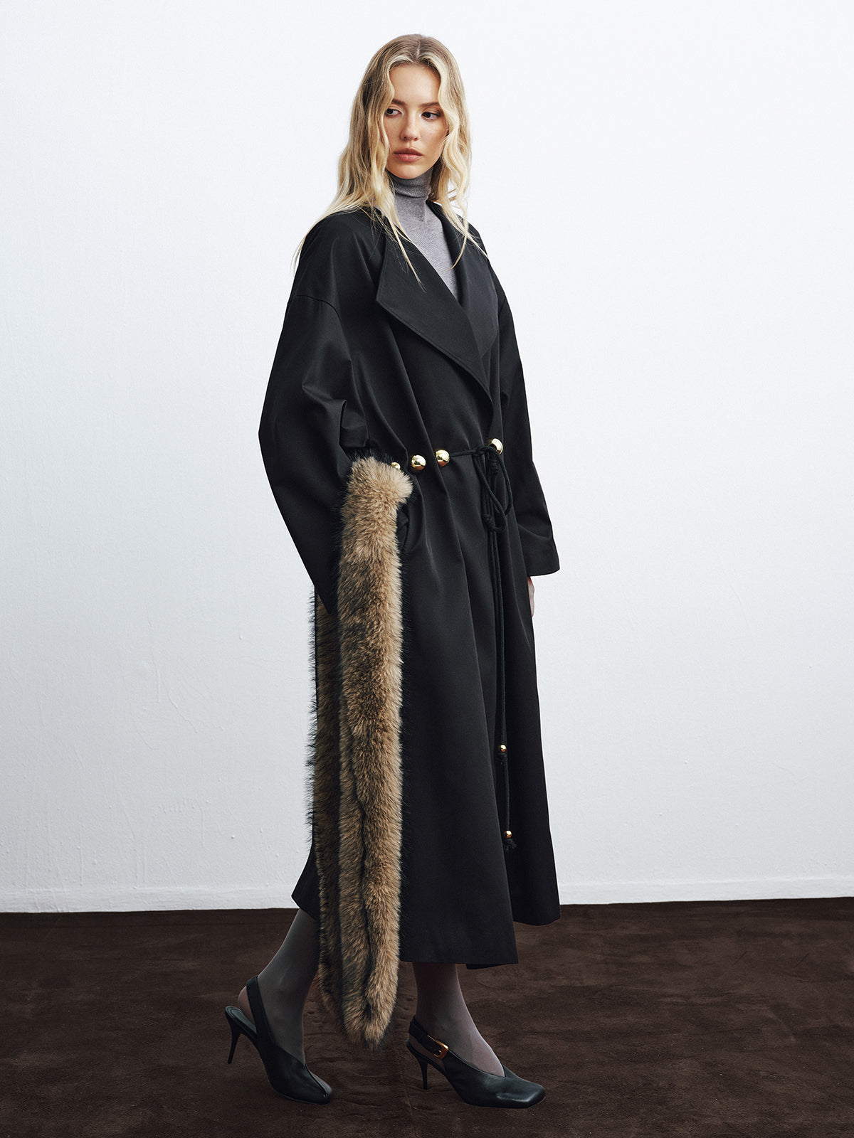 Metal Detail Tie-Belt Oversized Long Trench Coat-Chicvia