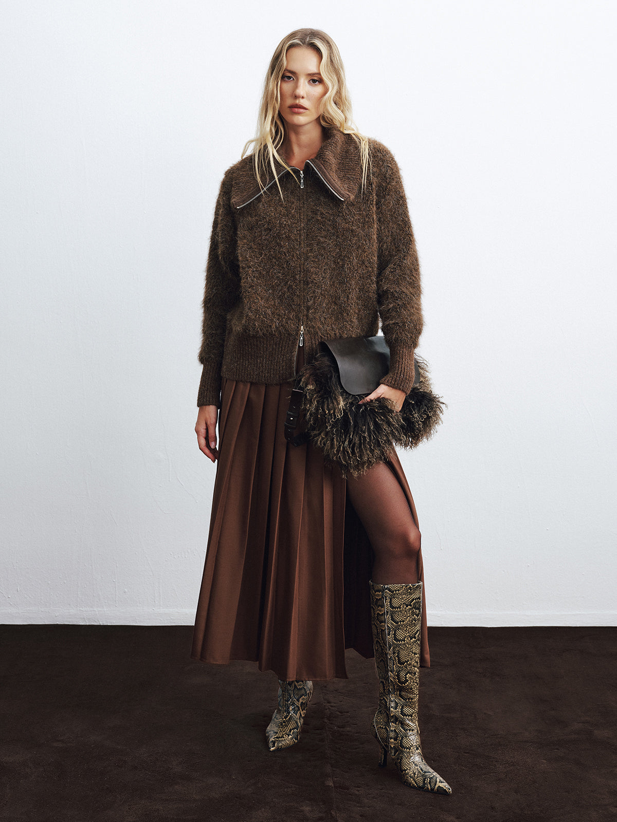 Oversized Collar Double-Zip Fuzzy Knit Jacket-Chicvia