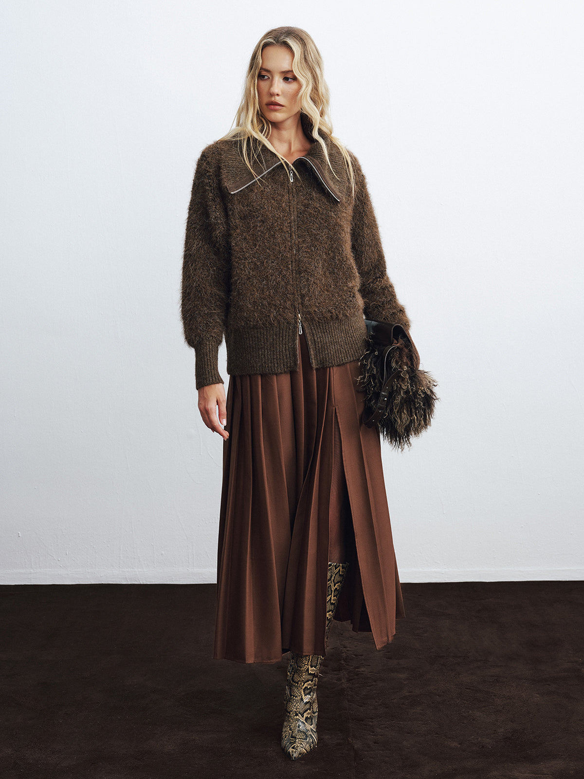 Oversized Collar Double-Zip Fuzzy Knit Jacket-Chicvia