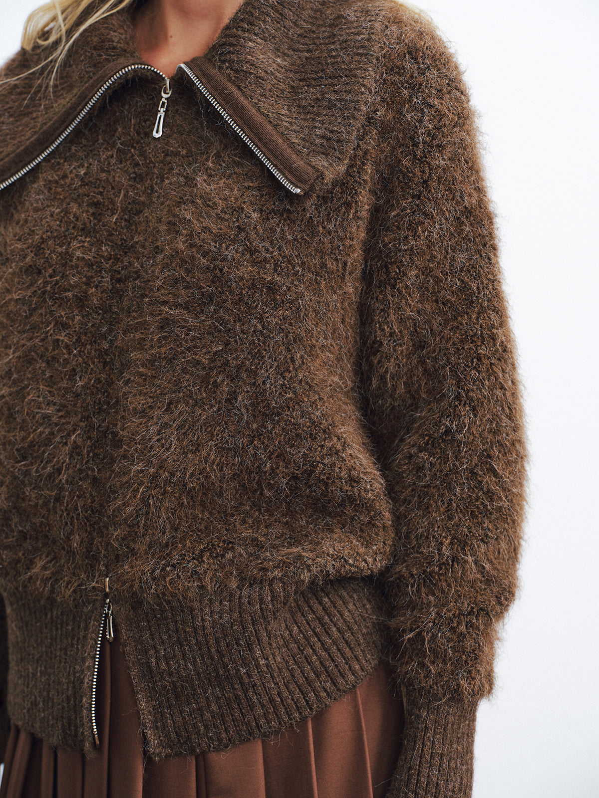 Oversized Collar Double-Zip Fuzzy Knit Jacket-Chicvia