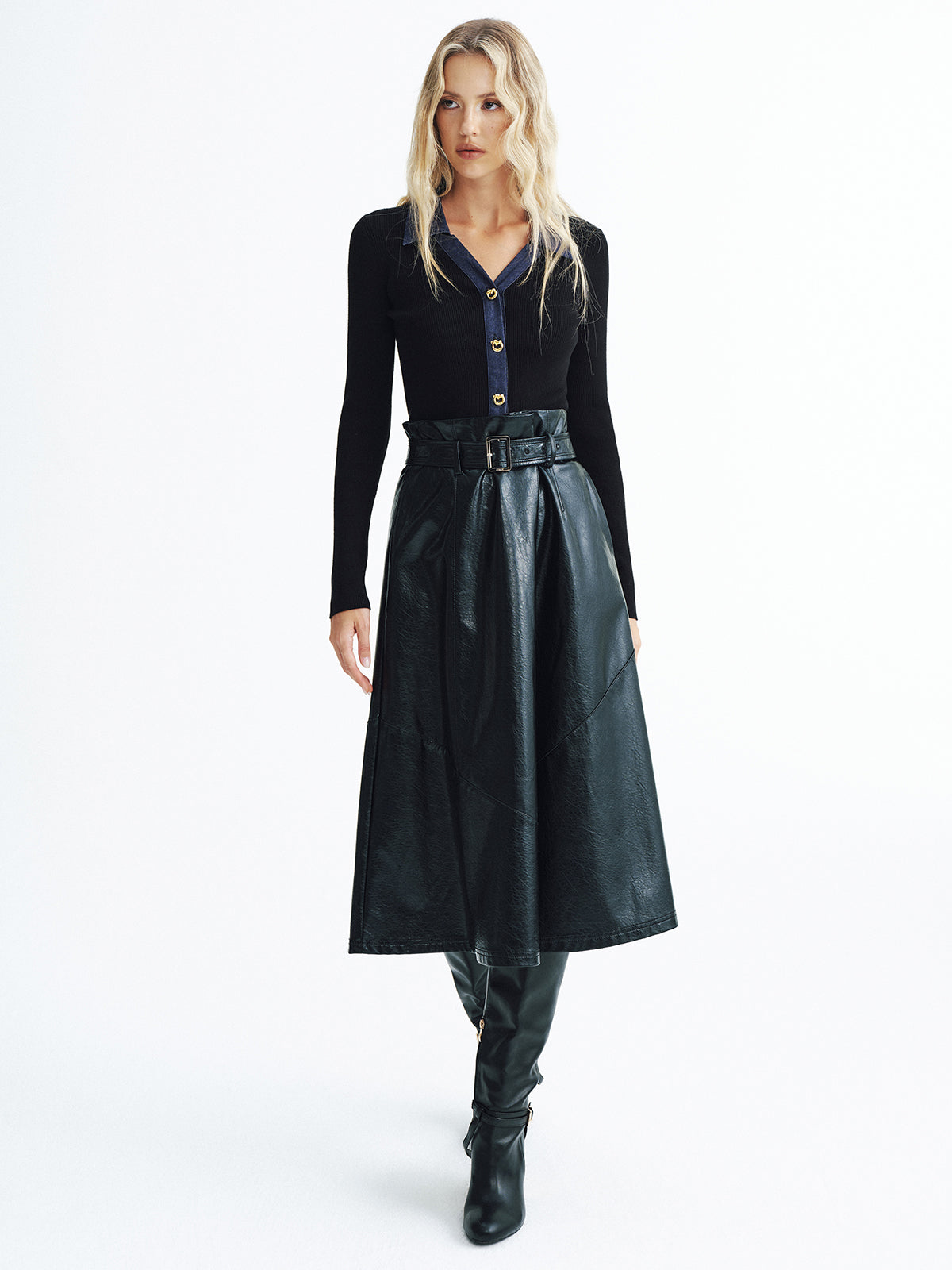 Denim Panel Ribbed Knit Cardigan-Chicvia