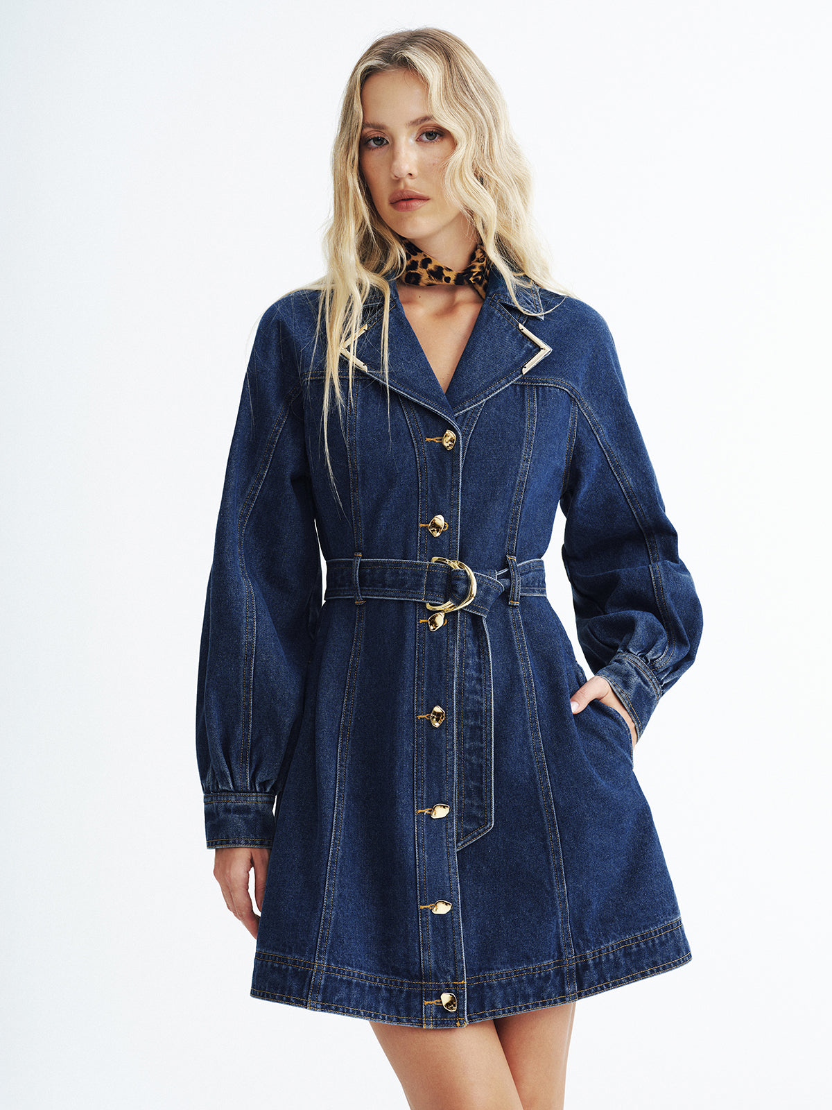 Metal Button Denim Belted Shirt Dress-Chicvia