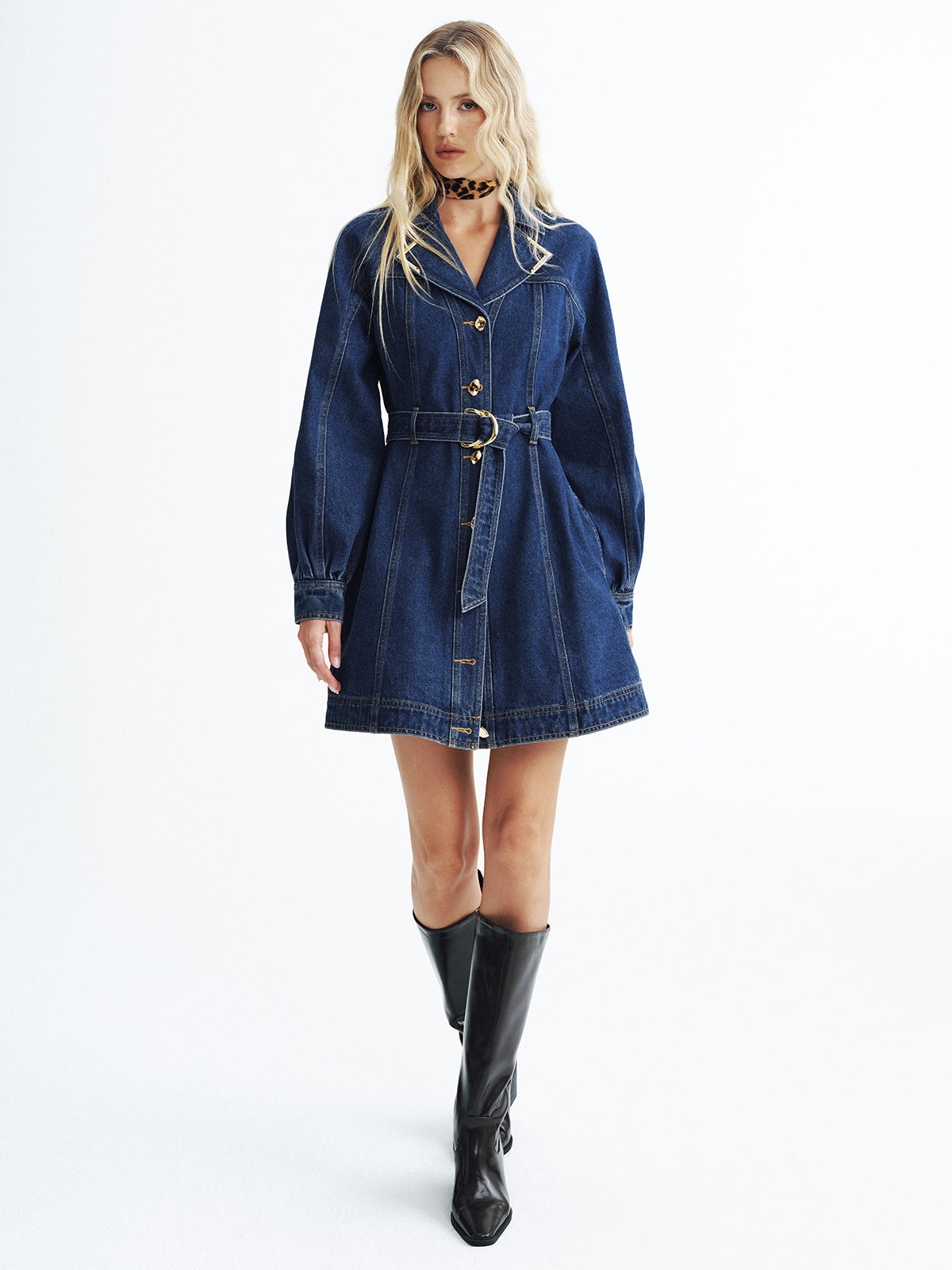 Metal Button Denim Belted Shirt Dress-Chicvia