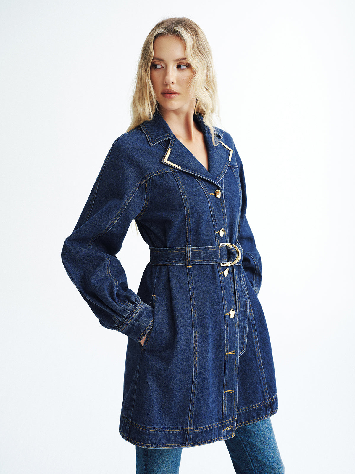 Metal Button Denim Belted Shirt Dress-Chicvia