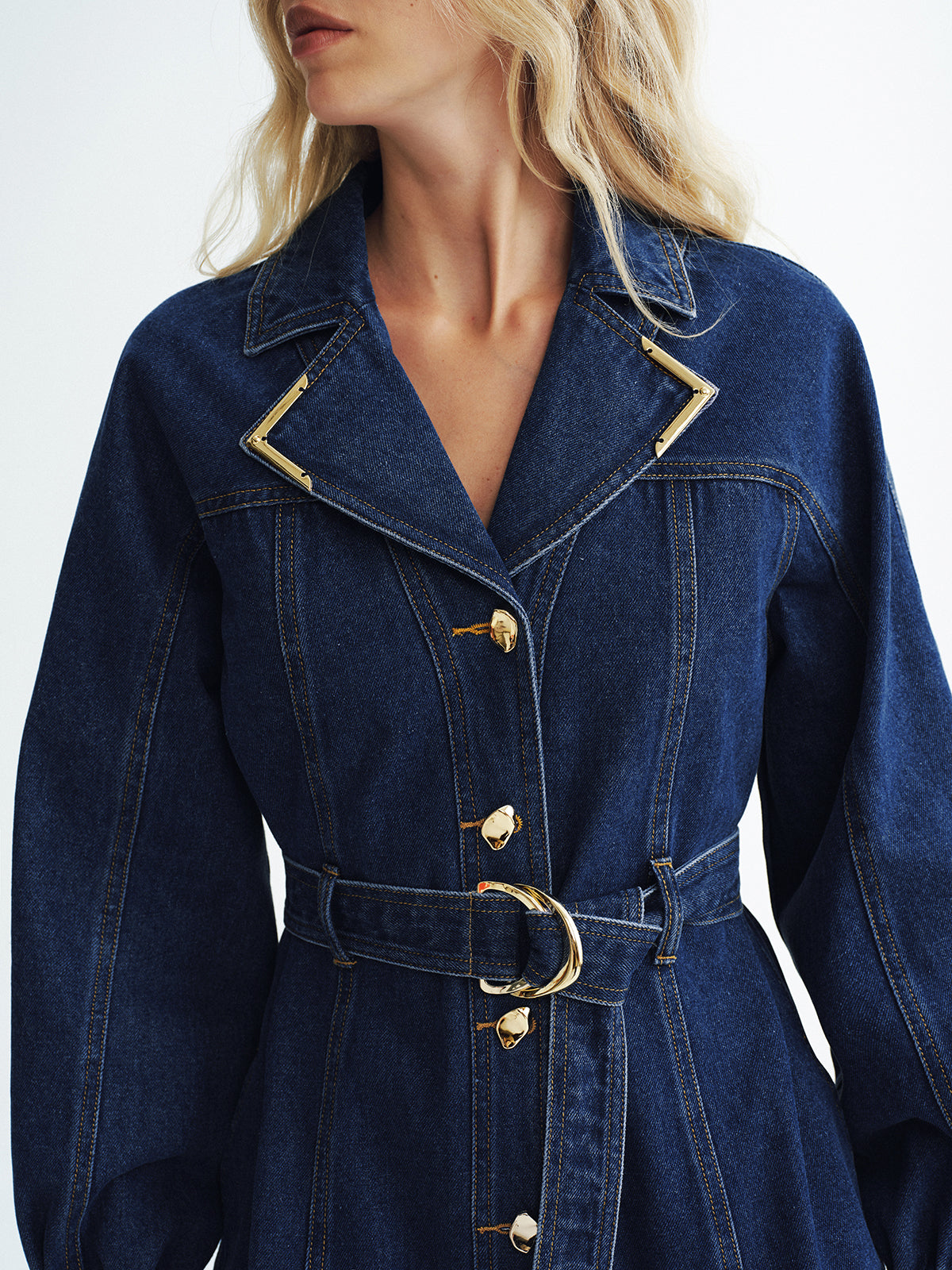 Metal Button Denim Belted Shirt Dress-Chicvia