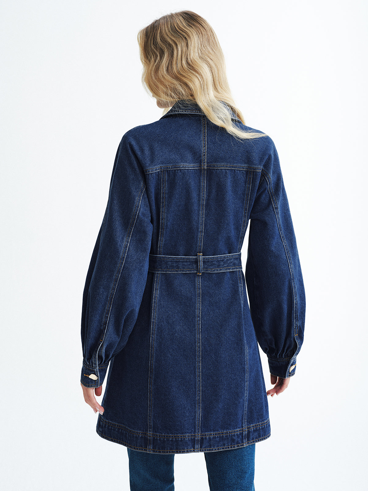 Metal Button Denim Belted Shirt Dress-Chicvia