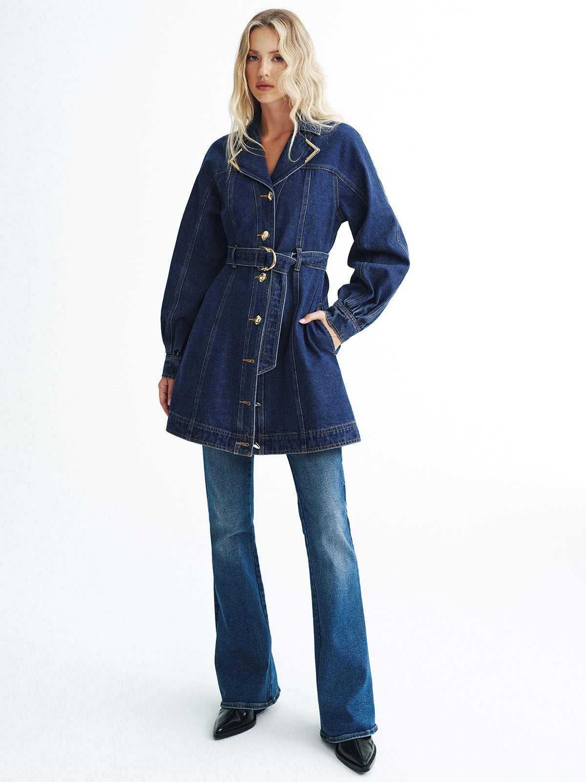 Metal Button Denim Belted Shirt Dress-Chicvia