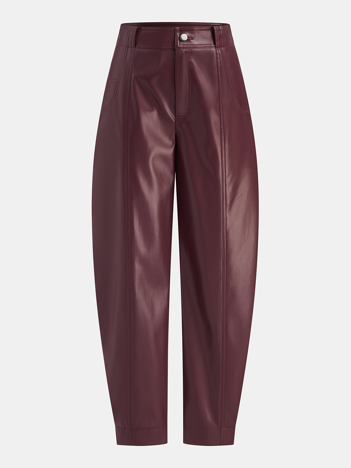 Mid-Waisted Faux Leather Curved-Leg Pants-Chicvia