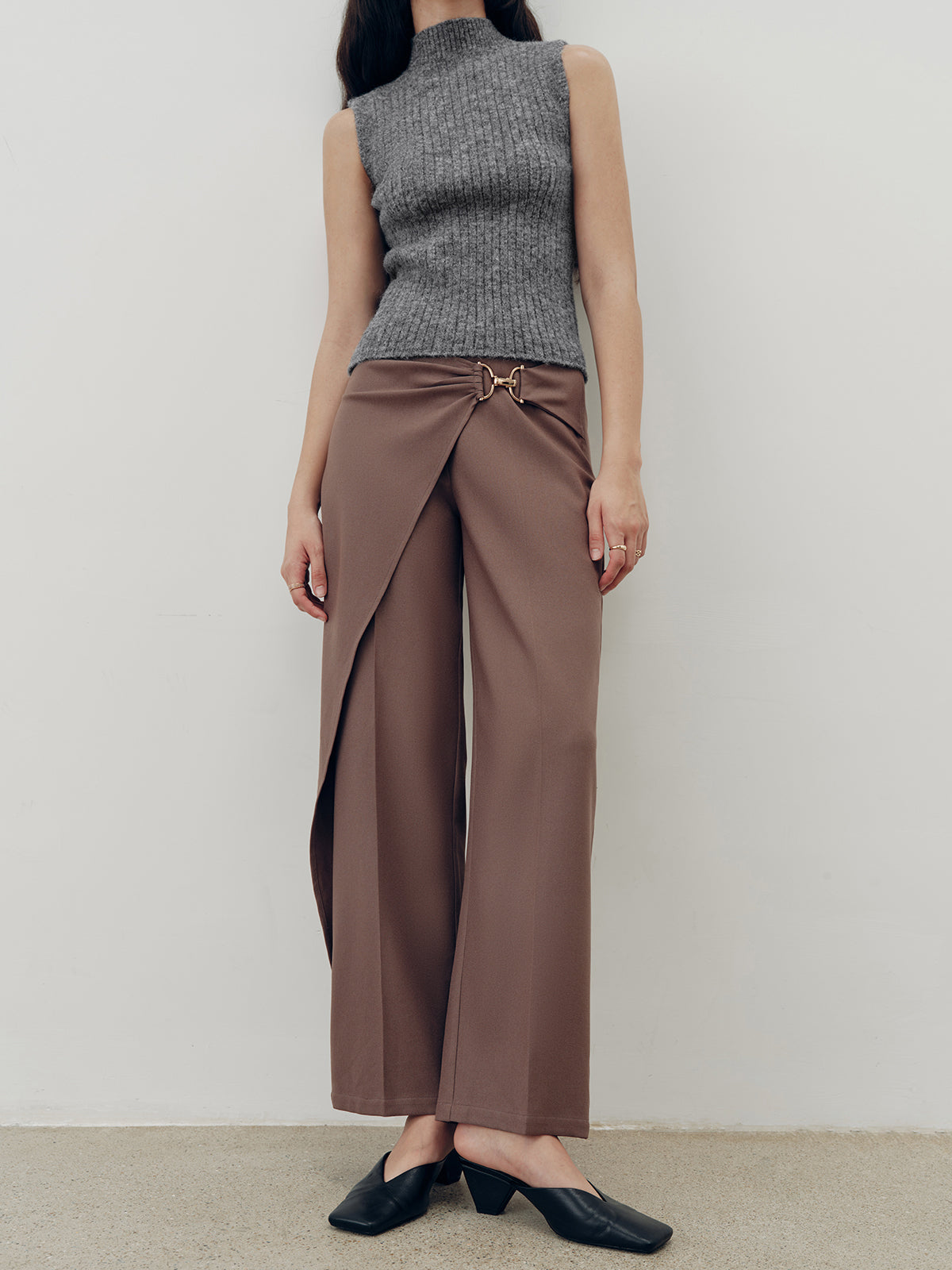 Overlap Detail Mid-Waist Pants-Chicvia