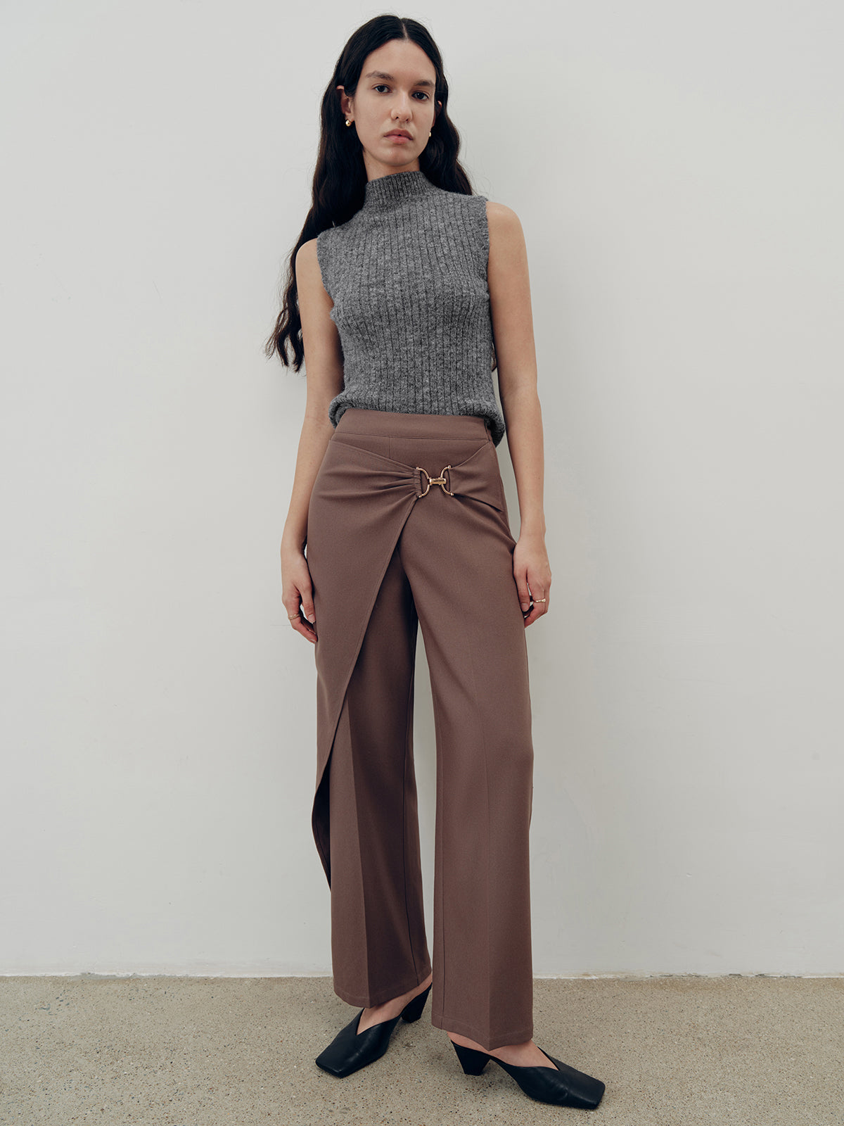 Overlap Detail Mid-Waist Pants-Chicvia