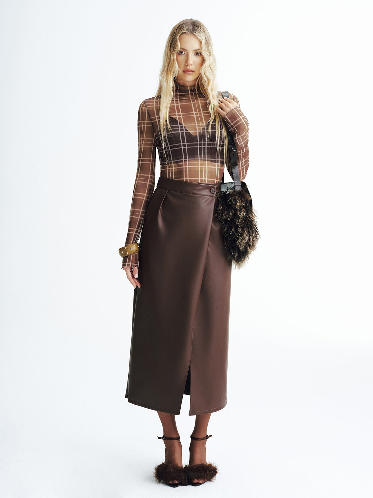 Faux Leather Slit Midi Skirt-Chicvia