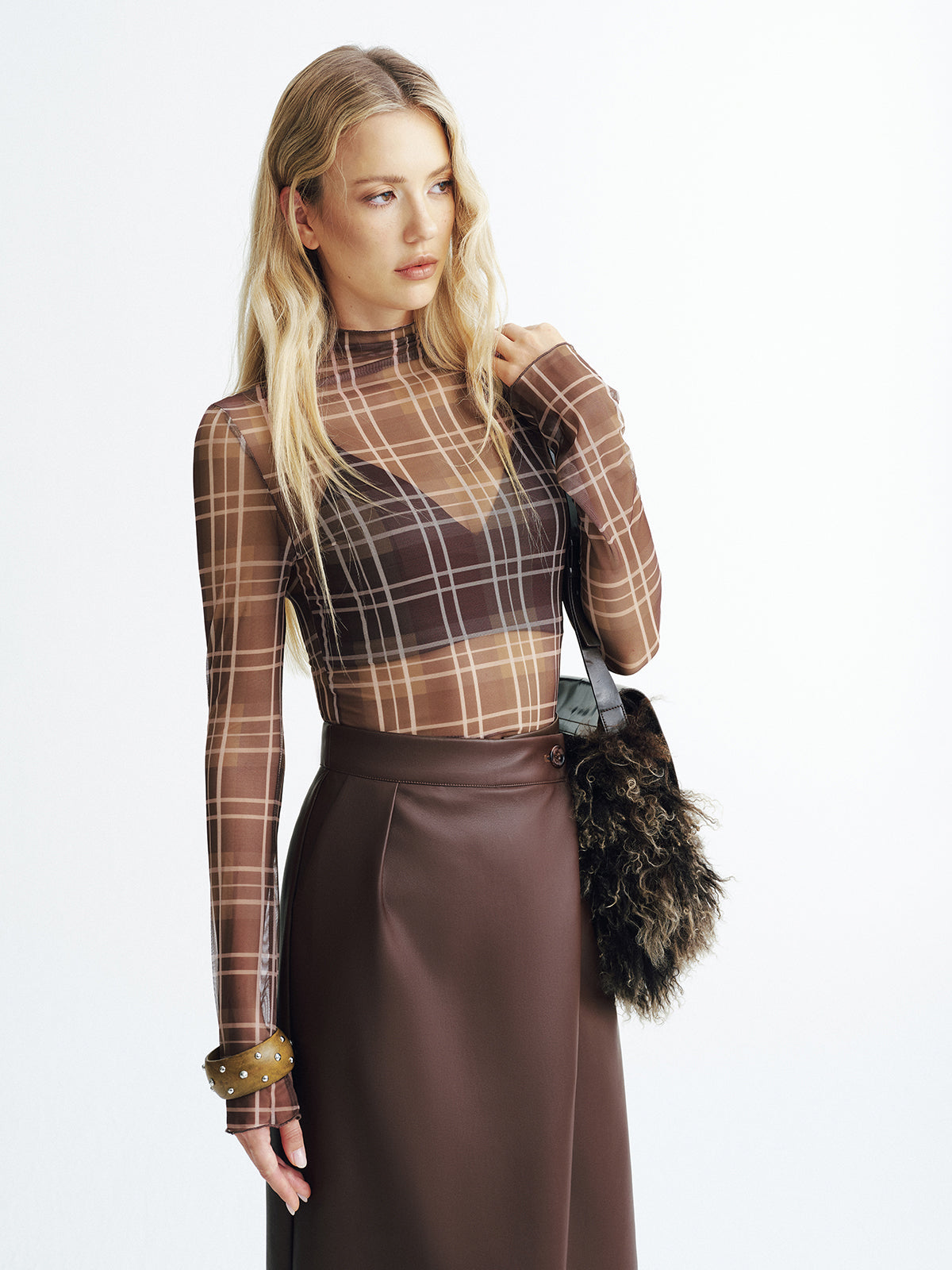 Plaid Mesh Turtleneck Blouse-Chicvia