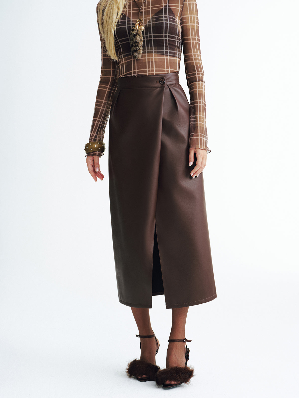 Faux Leather Slit Midi Skirt-Chicvia