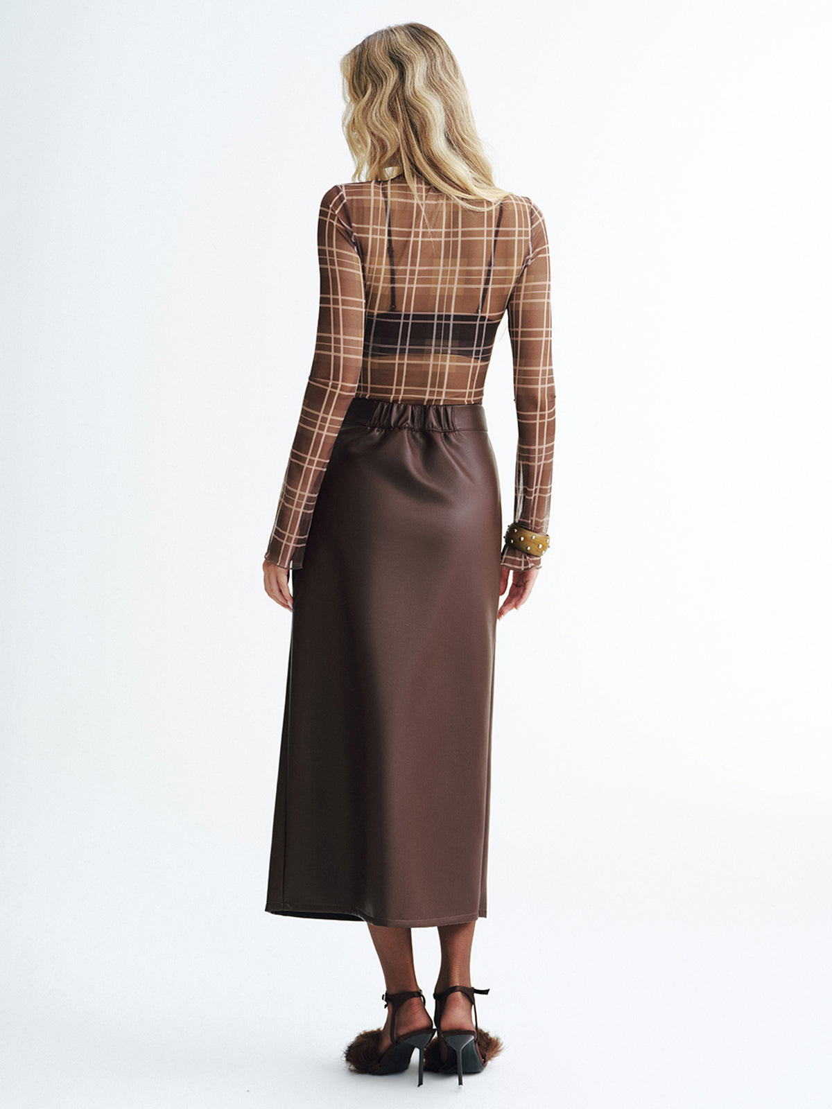 Faux Leather Slit Midi Skirt-Chicvia