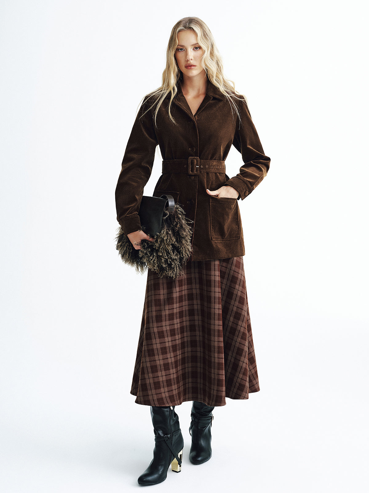 Collared Corduroy Belted Jacket-Chicvia