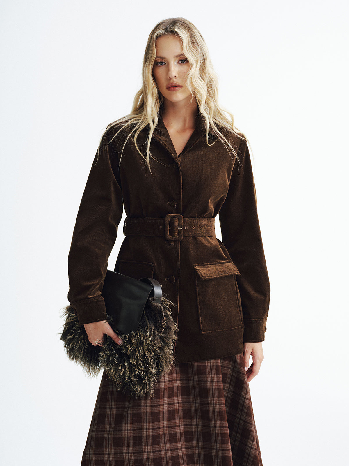 Collared Corduroy Belted Jacket-Chicvia