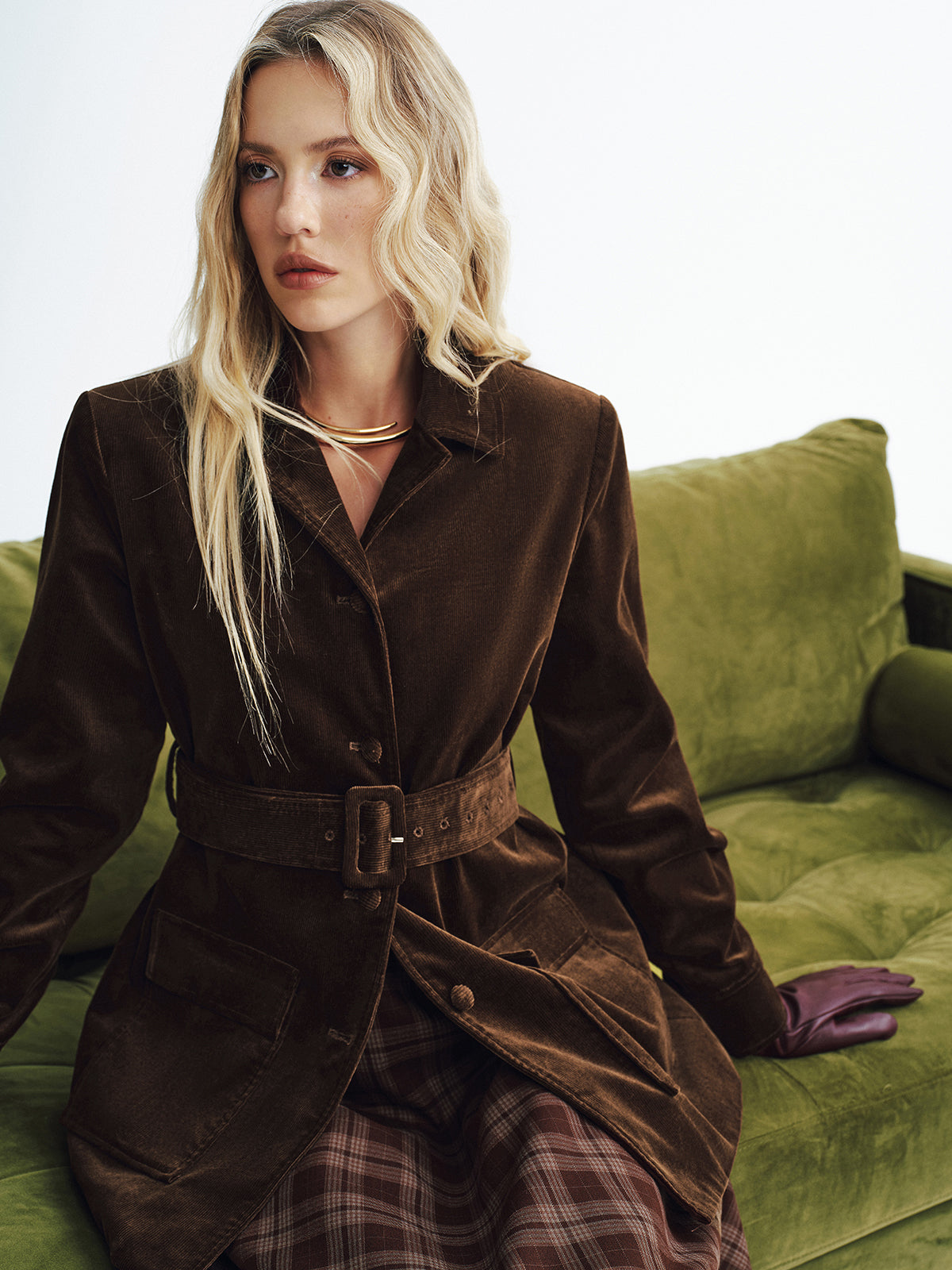 Collared Corduroy Belted Jacket-Chicvia