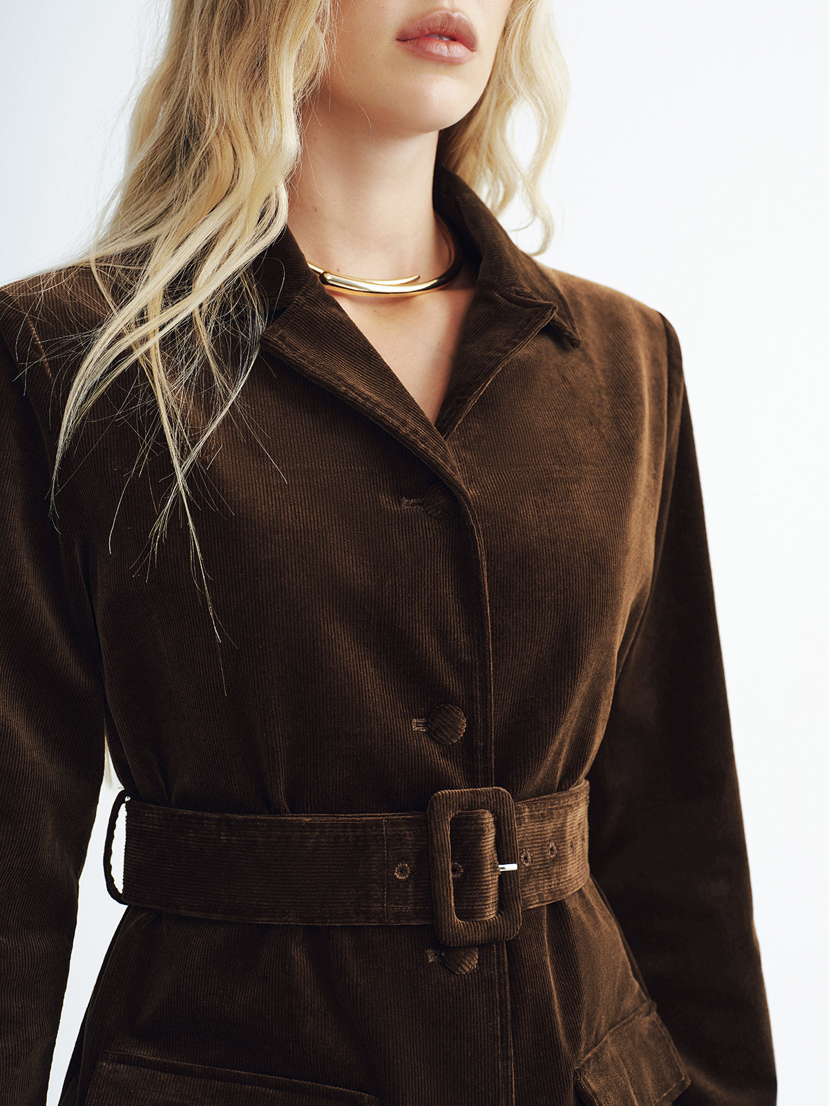 Collared Corduroy Belted Jacket-Chicvia