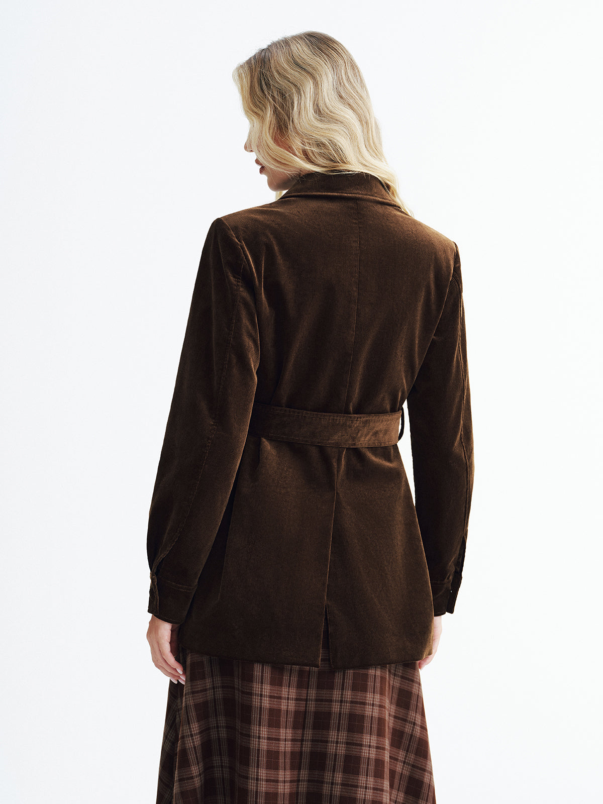 Collared Corduroy Belted Jacket-Chicvia