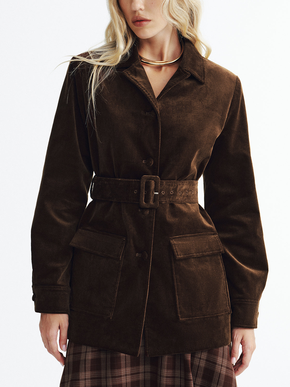 Collared Corduroy Belted Jacket-Chicvia