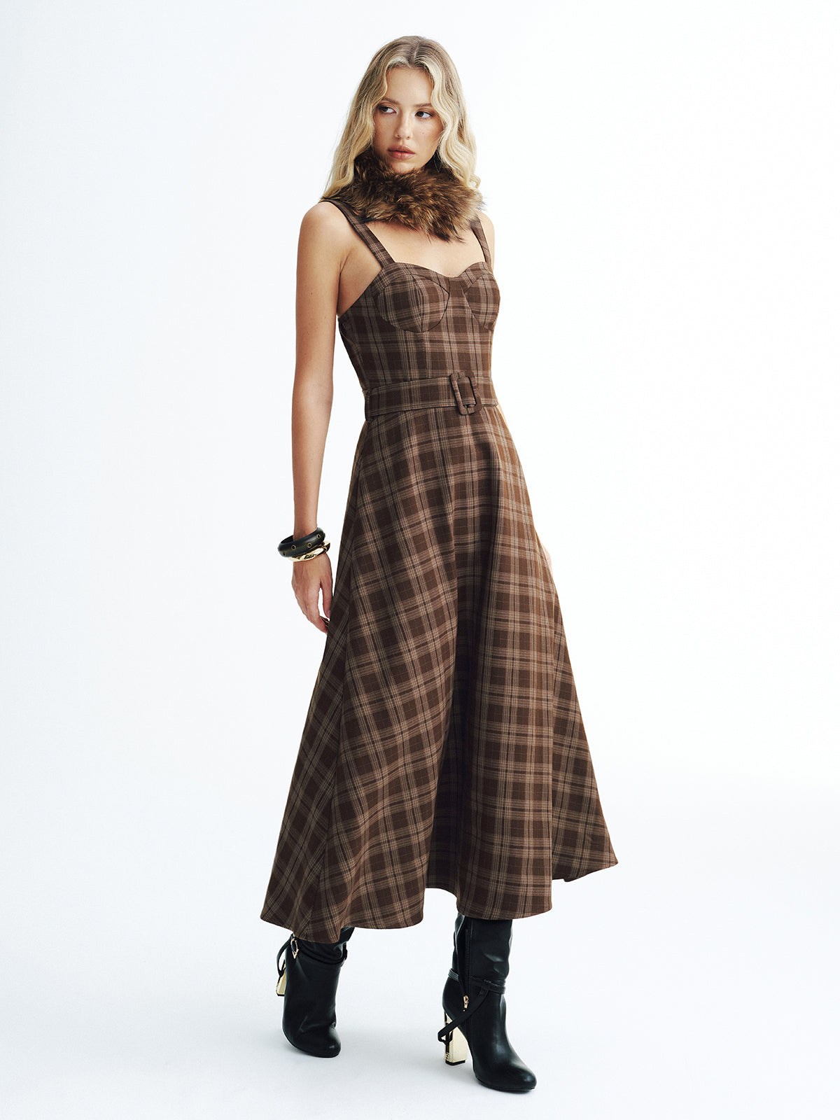 Belted Plaid Strappy Maxi Dress-Chicvia