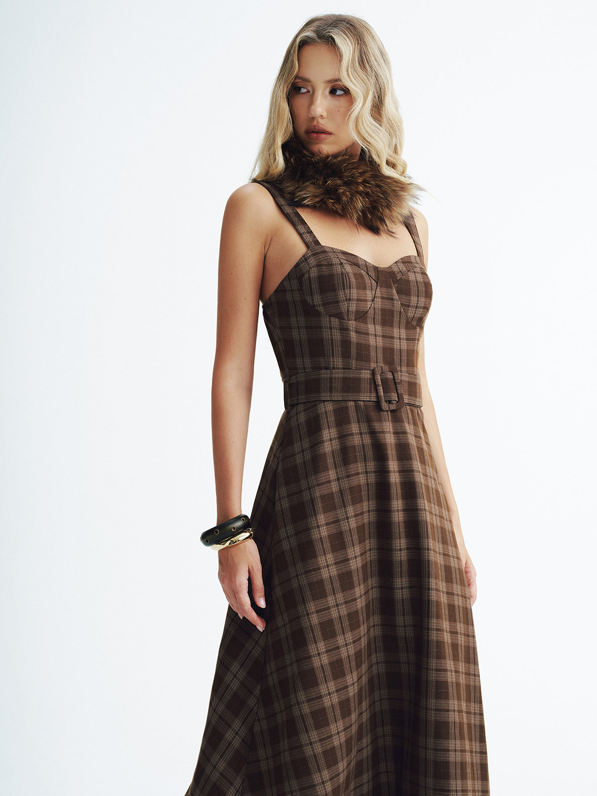 Belted Plaid Strappy Maxi Dress-Chicvia