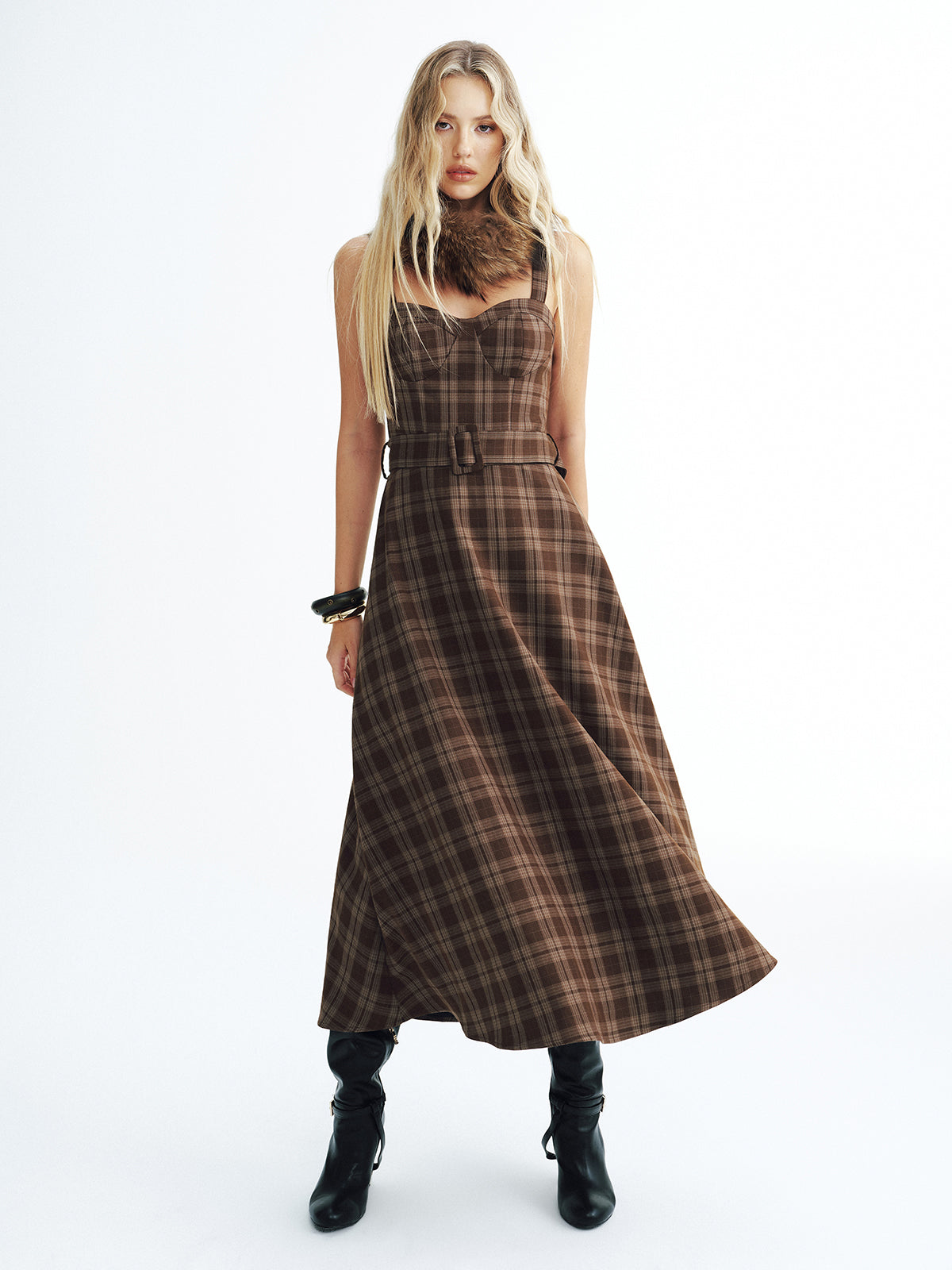 Belted Plaid Strappy Maxi Dress-Chicvia