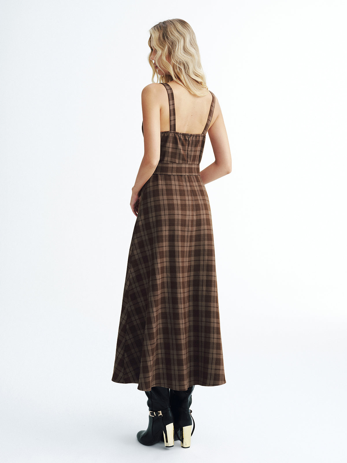 Belted Plaid Strappy Maxi Dress-Chicvia