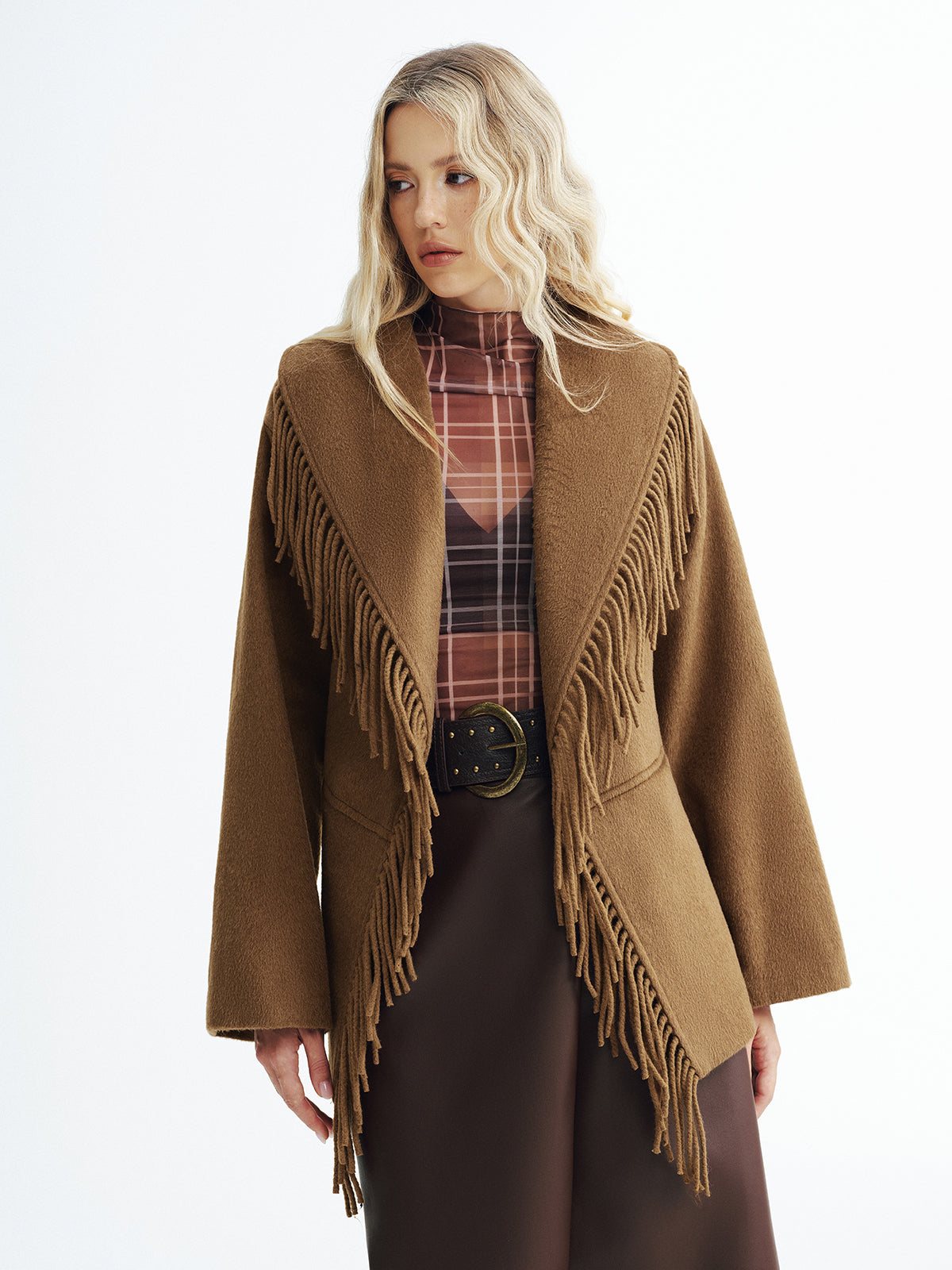 Fringed Belted Fleece Coat-Chicvia