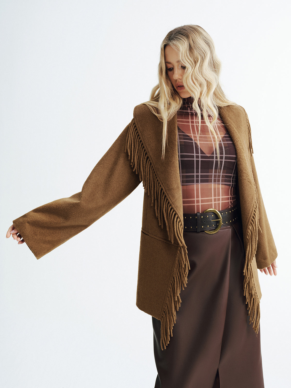 Fringed Belted Fleece Coat-Chicvia