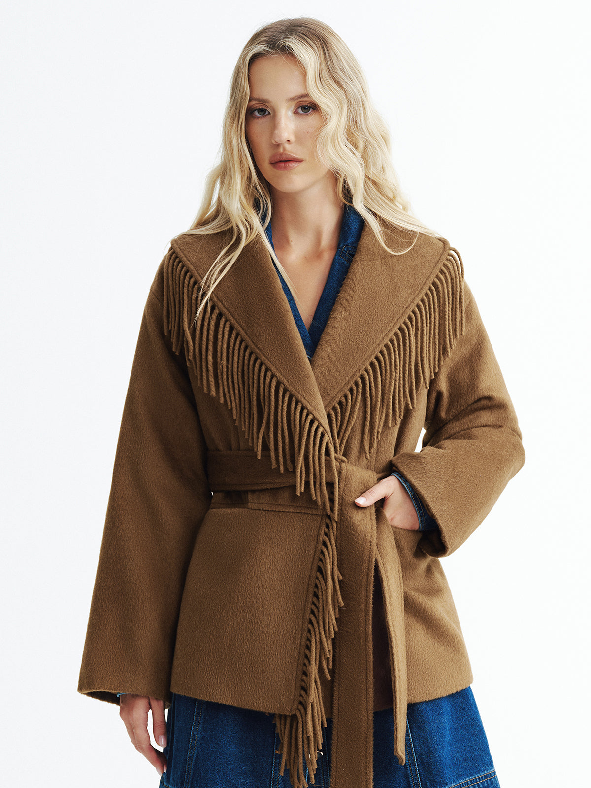 Fringed Belted Fleece Coat-Chicvia