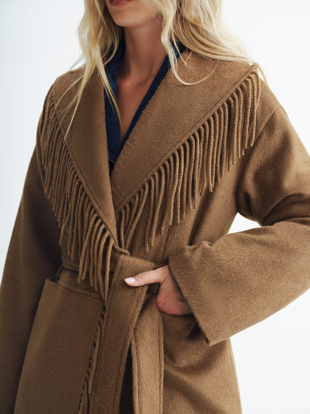 Fringed Belted Fleece Coat-Chicvia