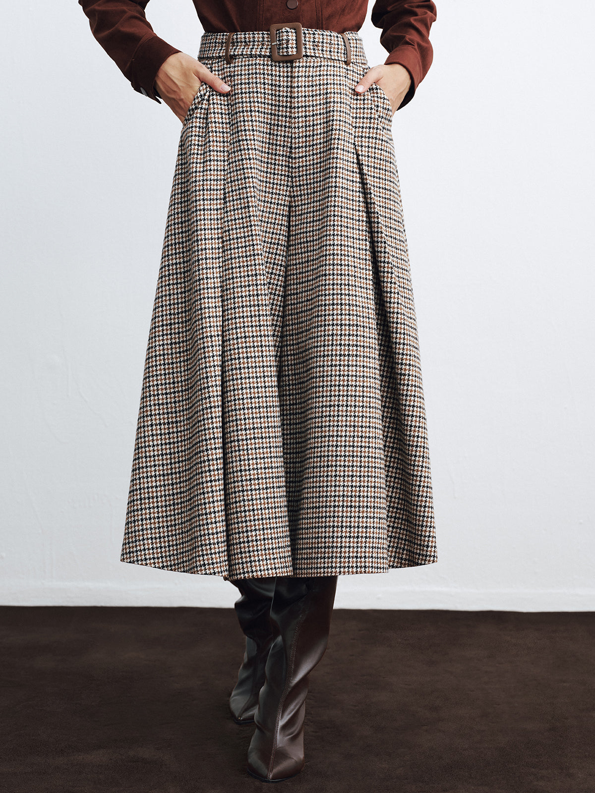 High-Waist Belted Houndstooth Wide-Leg Pants-Chicvia