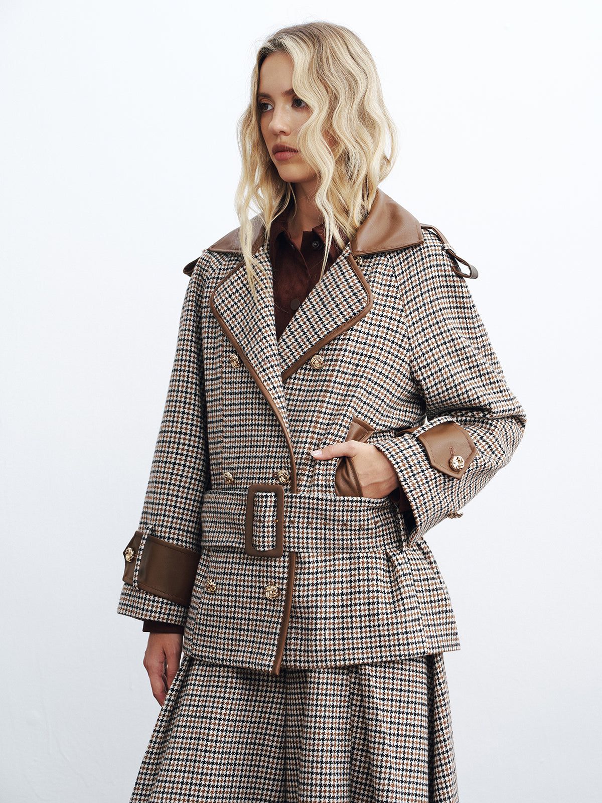 Faux Leather Trim Belted Houndstooth Coat-Chicvia
