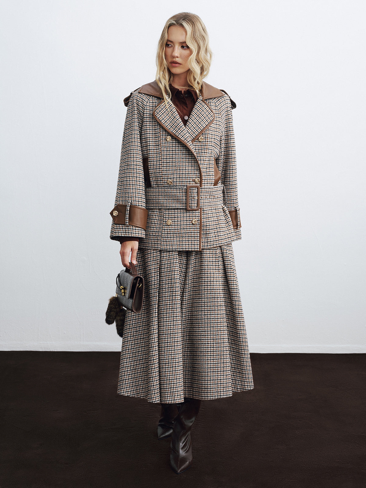 Faux Leather Trim Belted Houndstooth Coat-Chicvia