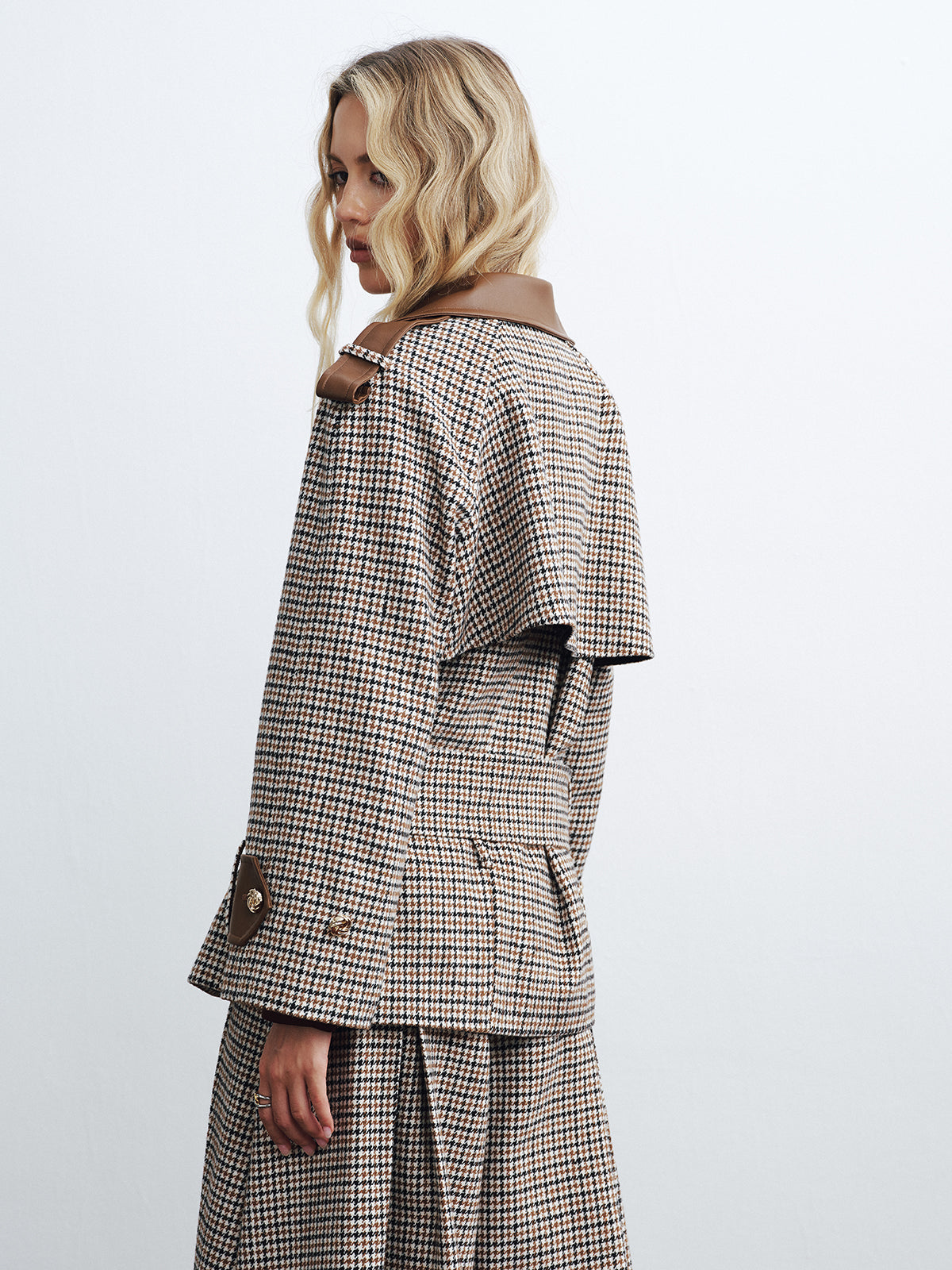 Faux Leather Trim Belted Houndstooth Coat-Chicvia