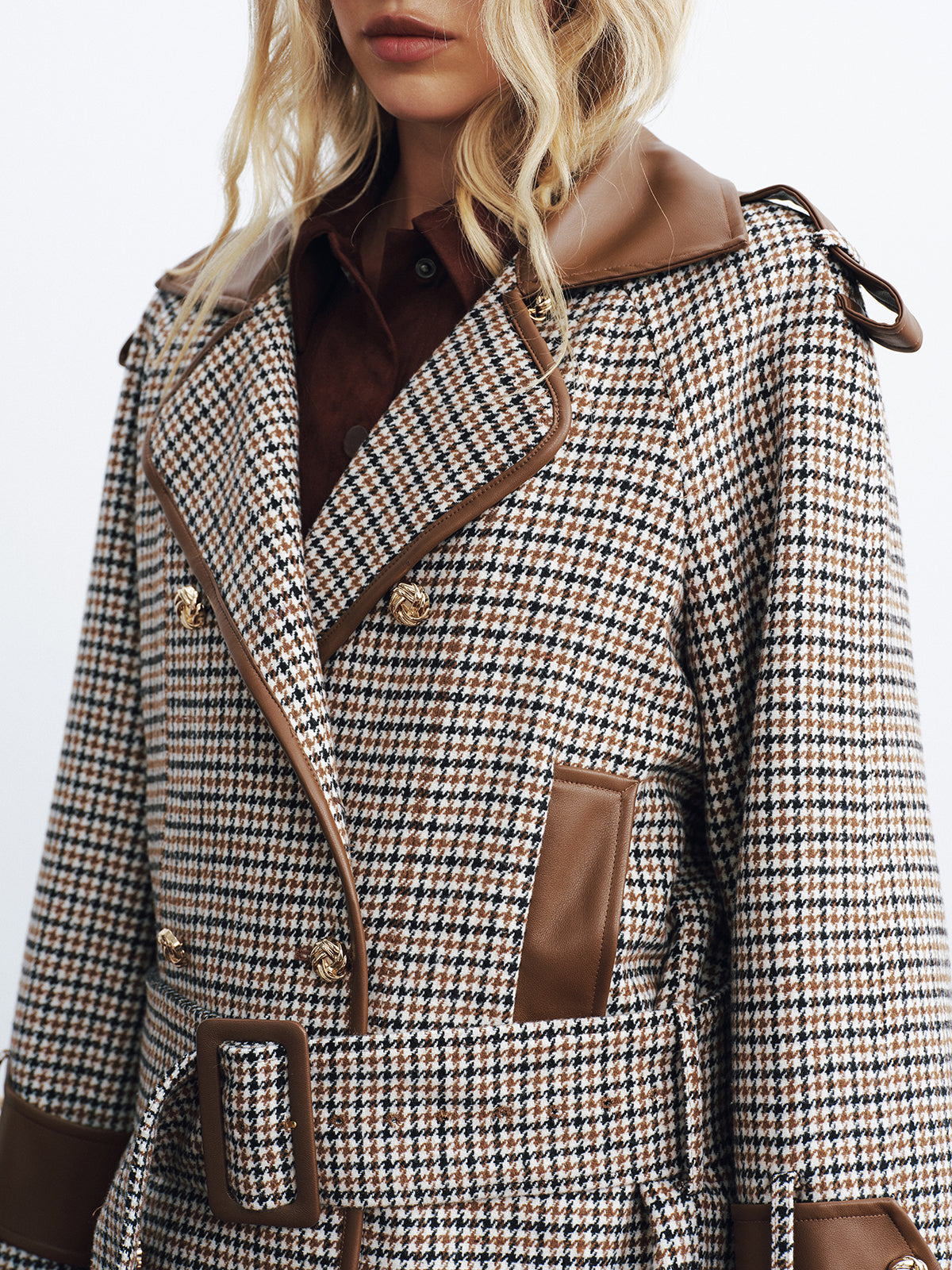 Faux Leather Trim Belted Houndstooth Coat-Chicvia