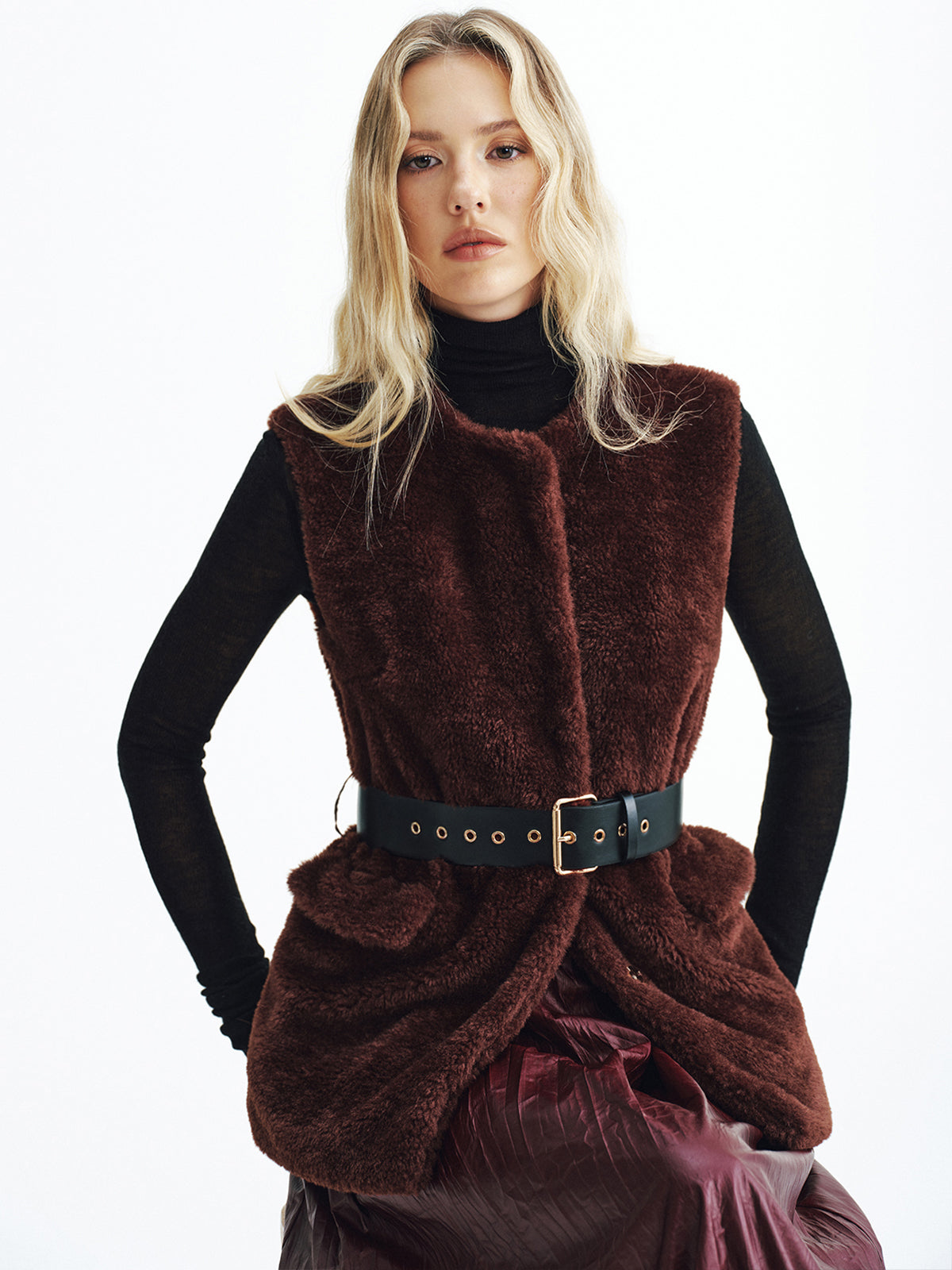 Faux Fur Belted Vest-Chicvia