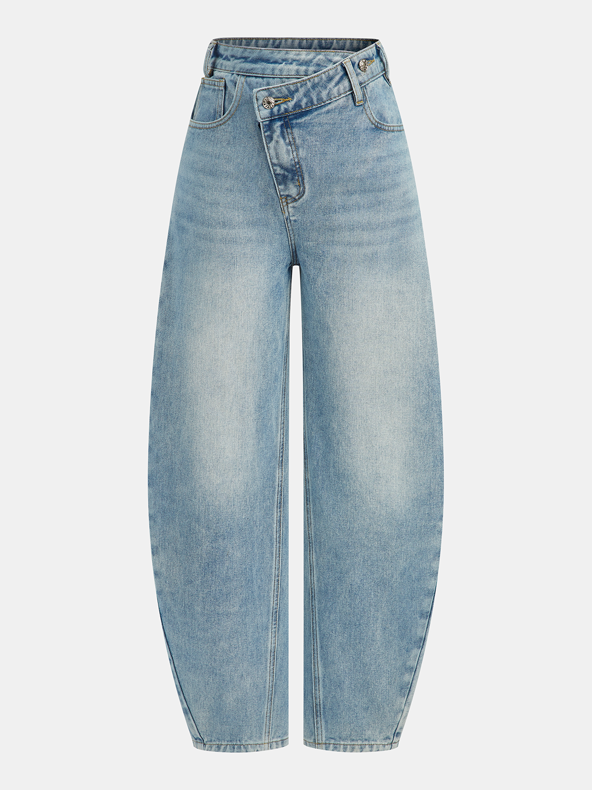 High-Waist Denim Asymmetric Curved-Leg Jeans-Chicvia