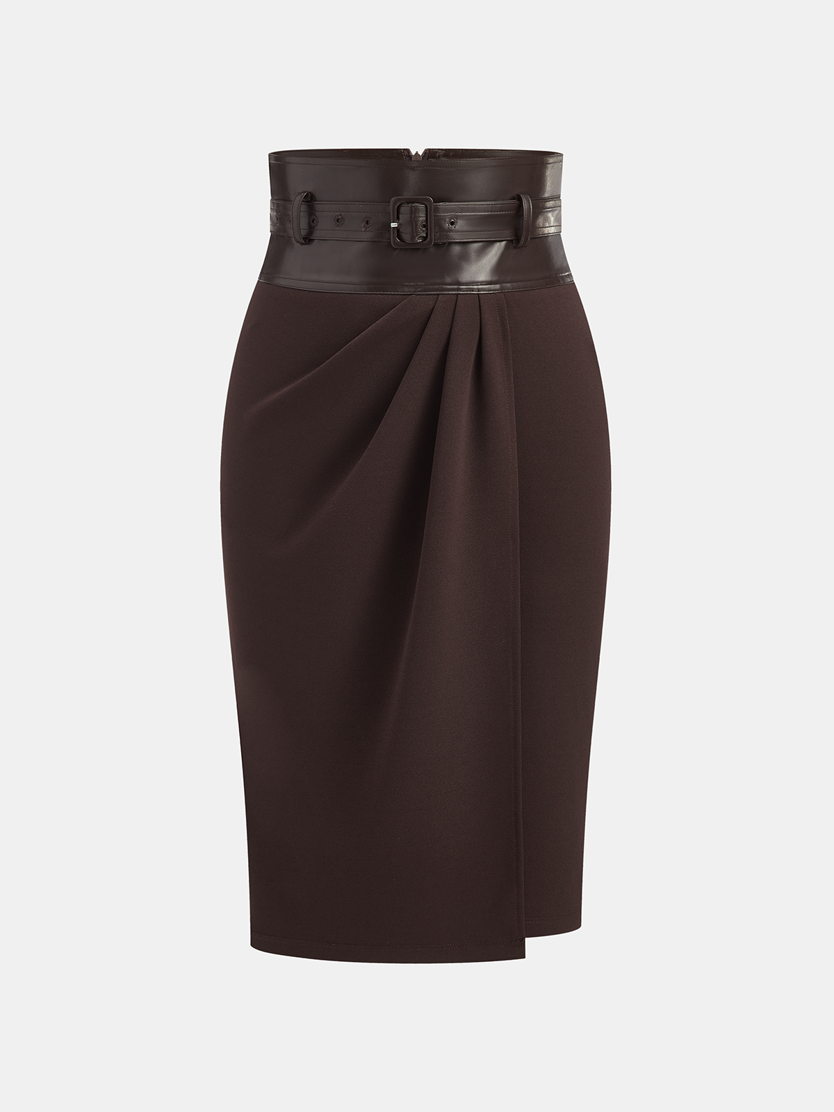 Faux Leather Panel Midi Skirt with Belt-Chicvia