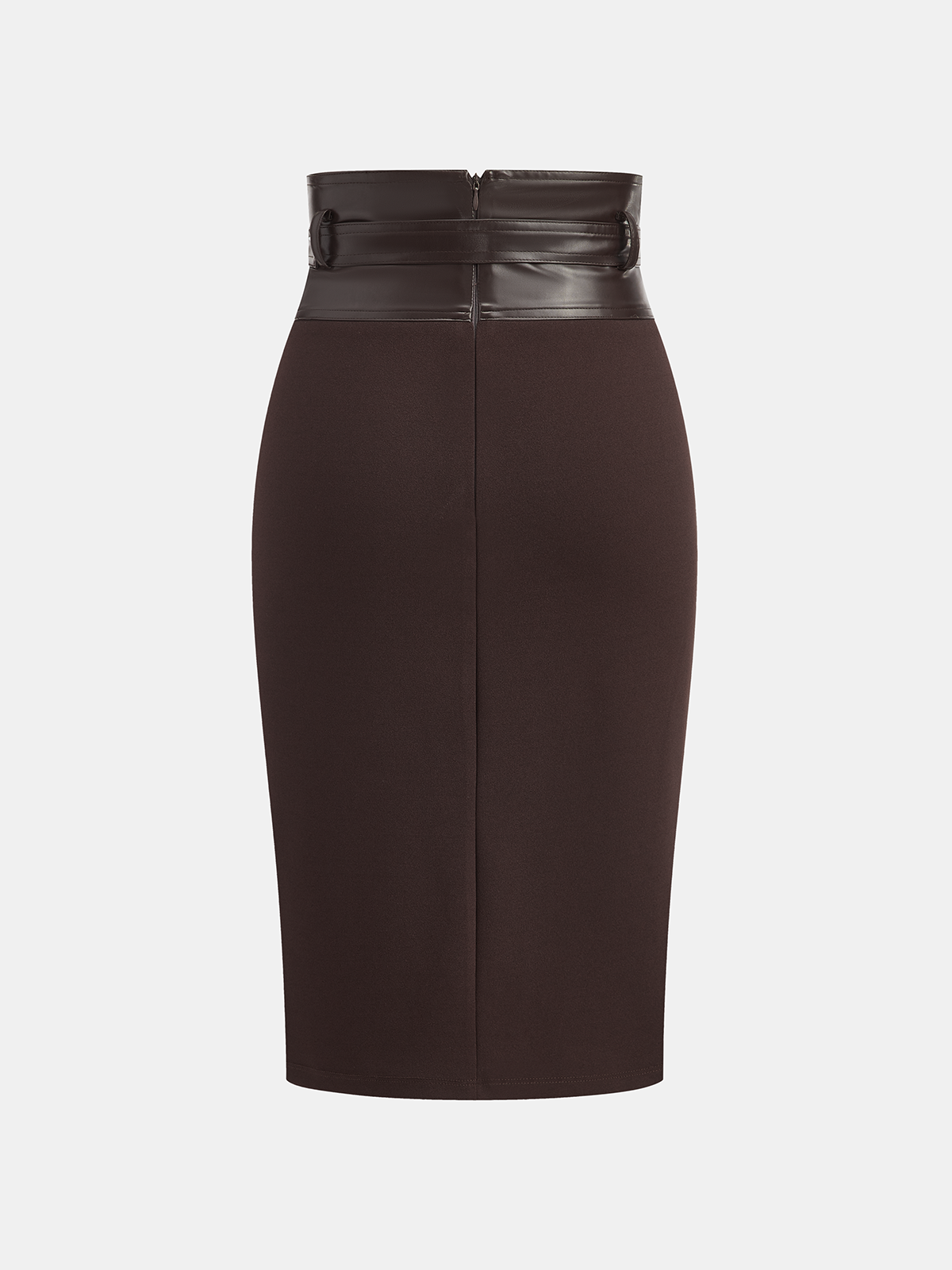 Faux Leather Panel Midi Skirt with Belt-Chicvia