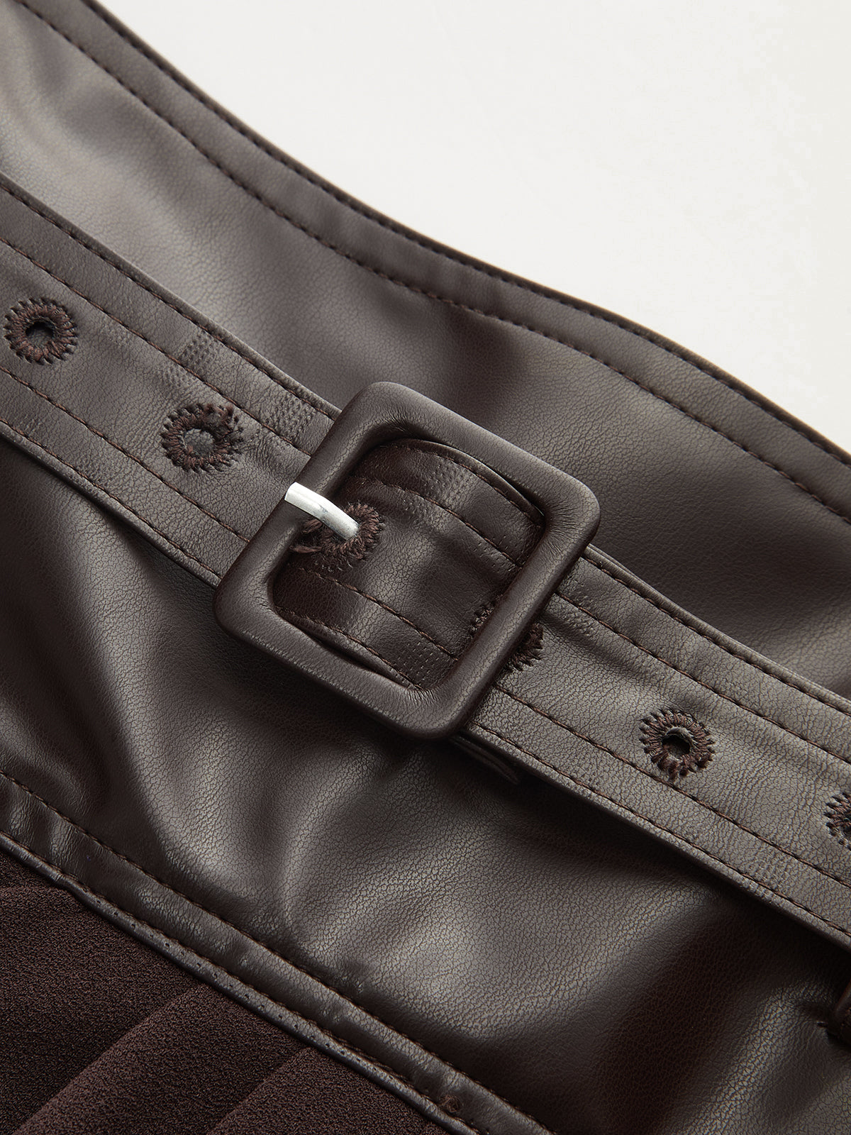 Faux Leather Panel Midi Skirt with Belt-Chicvia