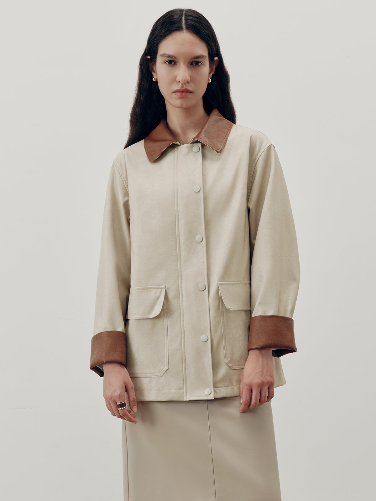 Contrast Collar PU Leather Jacket-Chicvia