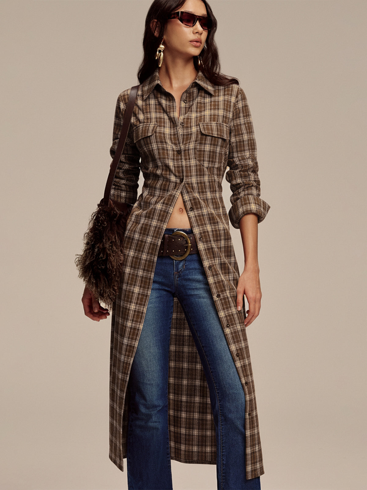 Plaid Button Front Shirt Dress-Chicvia