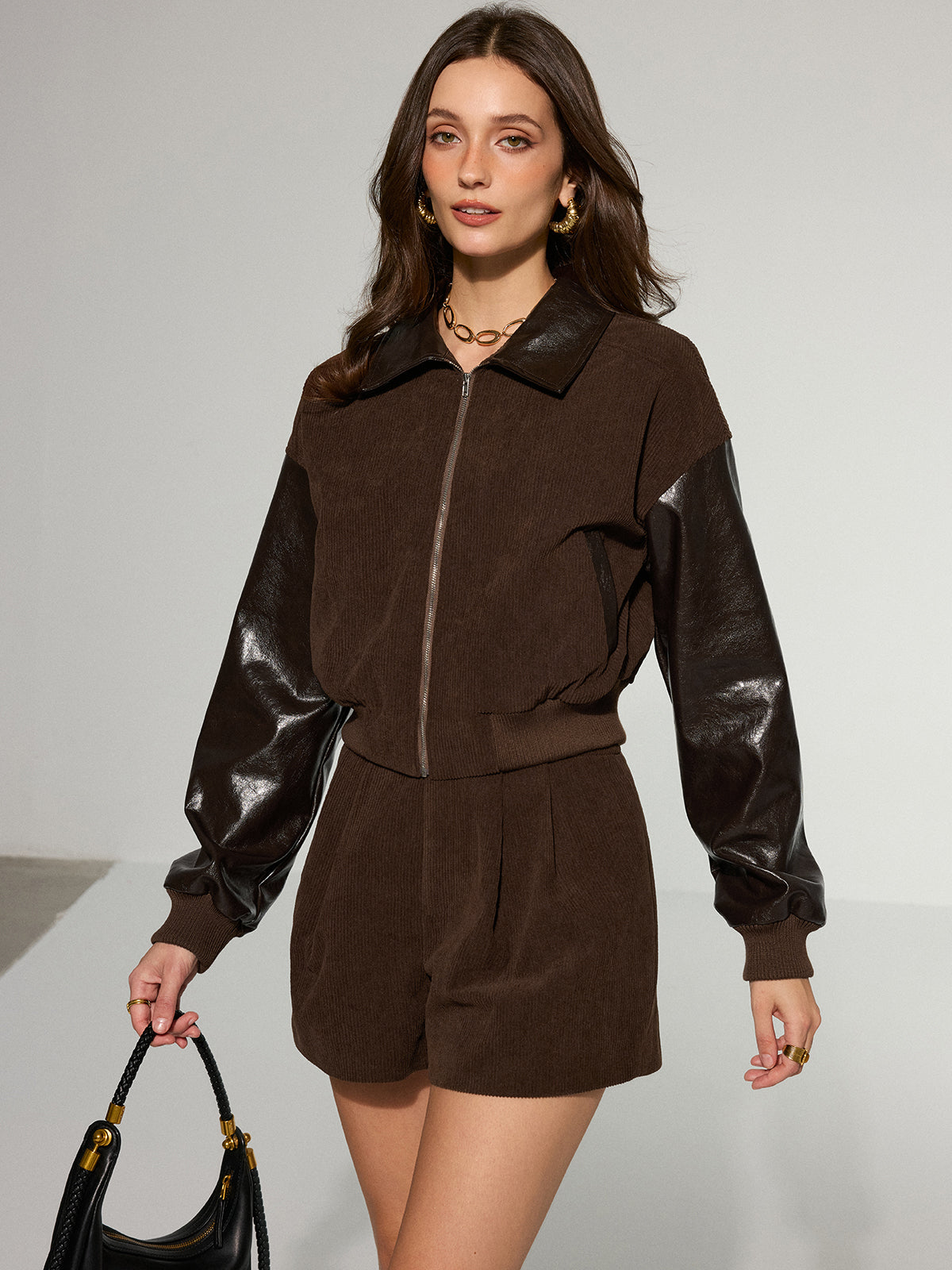 Faux Leather Panel Corduroy Zip-Up Jacket-Chicvia