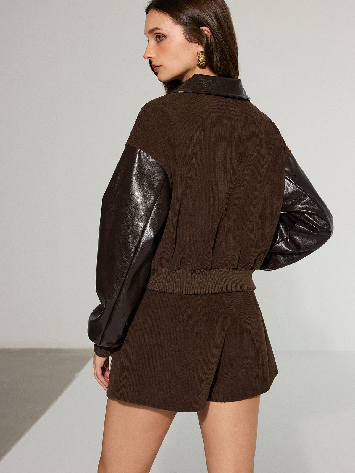 Faux Leather Panel Corduroy Zip-Up Jacket-Chicvia