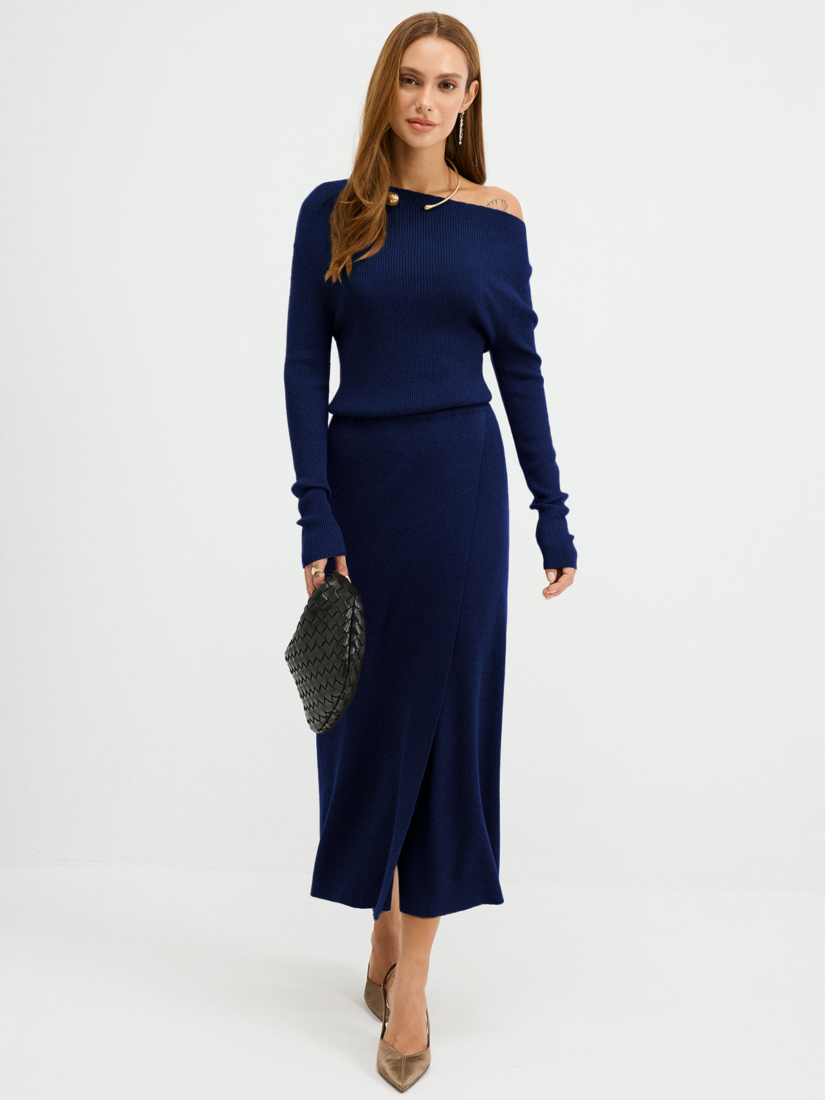 Off-Shoulder Ribbed Wool Blend Maxi Dress-Chicvia